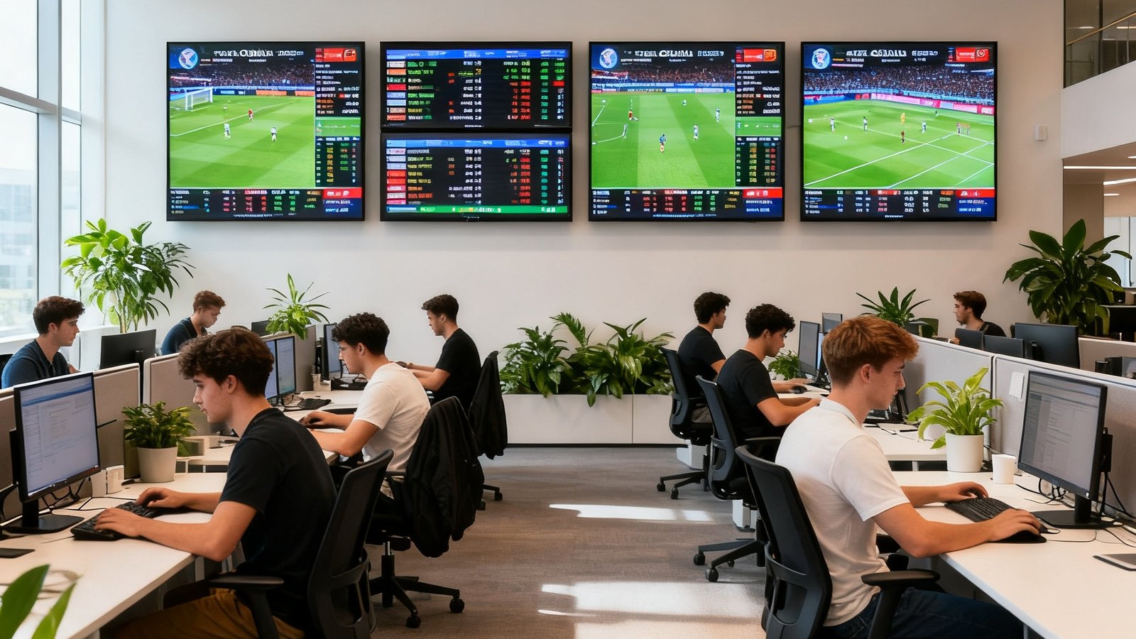 宽敞明亮的开放式办公室，数十位年轻员工坐在工位前专注工作，背景墙上悬挂着六块大型屏幕实时滚动显示全球赛事数据，绿植点缀其间，整体氛围专业而充满活力