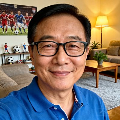 一位45岁左右的中国男性，戴着眼镜，穿着休闲polo衫，面带微笑，背景是温馨的客厅环境，体现资深球迷的亲和力